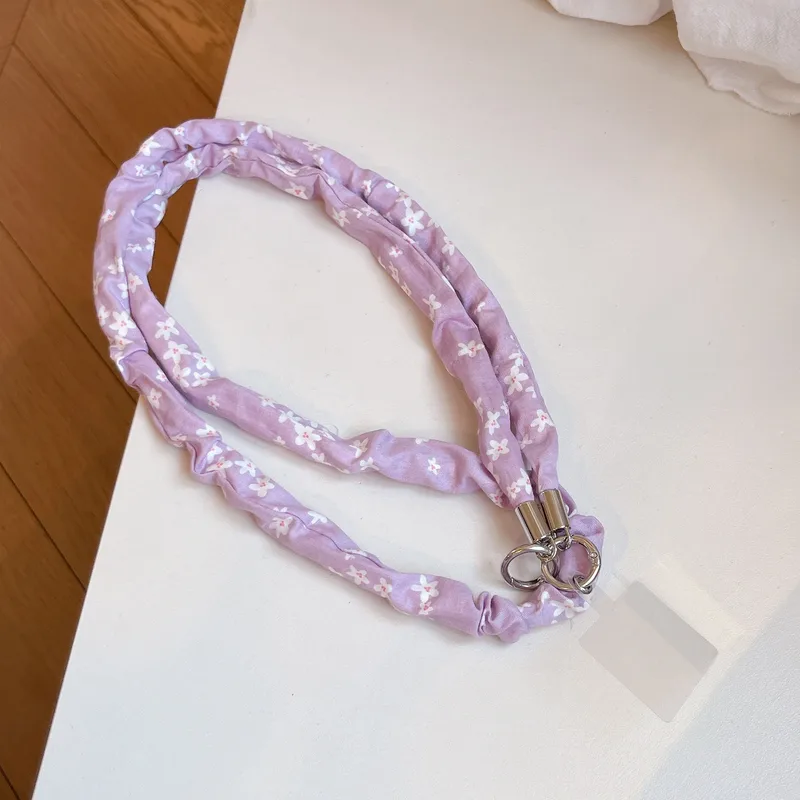 COLLIER DE TELEPHONE EN TISSU VIOLET FLEURS BLANCHE 